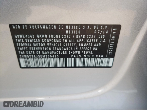 2014 Volkswagen Jetta GLI Autobahn with VIN 3VW5T7AJ3EM335493, listed as a Copart auction lot 58985565 with 178,150 mi miles and Salvage title. Bid and sale history available at DreamBid. Image 13.
