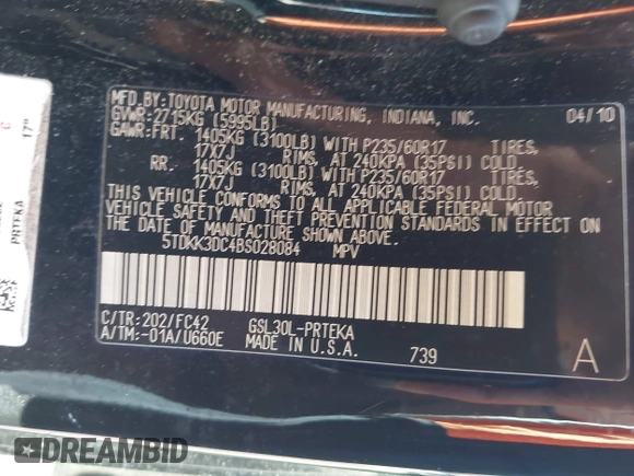 2011 Toyota Sienna LE AAS with VIN 5TDKK3DC4BS028084, listed as a IAAI auction lot 42591408 with 320,782 mi miles and . Bid and sale history available at DreamBid. Image 9.