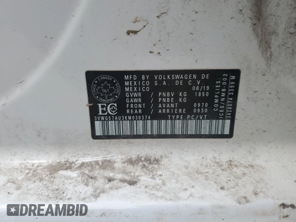 2019 Volkswagen Golf S z VIN 3VWG57AU3KM030374, wystawiony jako Copart lot #57373345 z przebiegiem 80 908 mil mil oraz Szkoda całkowita • Salvage title. Historia ofert i sprzedaży dostępna na DreamBid. Obrazek 13.