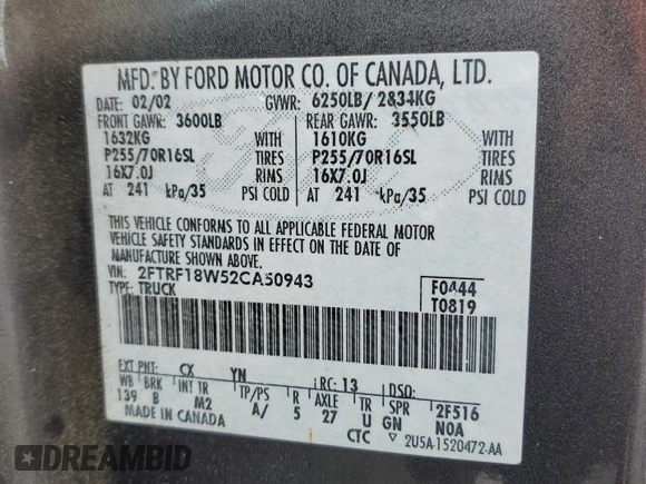 2002 Ford F-150 XL z VIN 2FTRF18W52CA50943, wystawiony jako Copart lot #62456605 z przebiegiem Nie podano mil oraz Szkoda całkowita • Salvage title. Historia ofert i sprzedaży dostępna na DreamBid. Obrazek 12.
