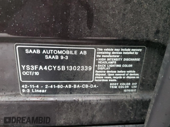 2011 Saab 9-3 z VIN YS3FA4CY5B1302339, wystawiony jako Copart lot #81670724 z przebiegiem 135 807 mil mil oraz Szkoda całkowita • Salvage title. Historia ofert i sprzedaży dostępna na DreamBid. Obrazek 12.