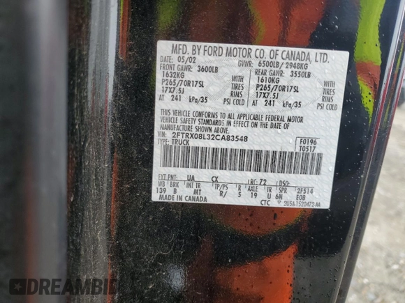 2002 Ford F-150 XL z VIN 2FTRX08L32CA83548, wystawiony jako Copart lot #45986265 z przebiegiem Nie podano mil oraz Czysty tytuł • Clean title. Historia ofert i sprzedaży dostępna na DreamBid. Obrazek 12.