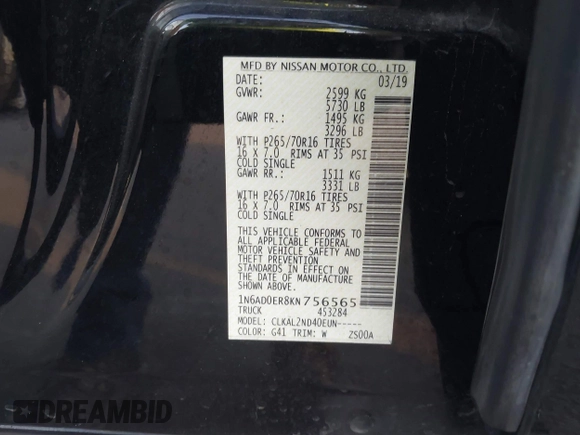 2019 Nissan Frontier SV с VIN 1N6AD0ER8KN756565, выставлен на аукционе IAAI как лот 42465700 с пробегом 61 131 миль миль и . История ставок и продаж доступна на DreamBid. Изображение 9.
