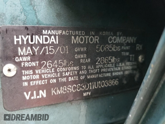 2001 Hyundai Santa Fe GLS with VIN KM8SC83D11U103866, listed as a Copart auction lot 88311825 with 201,152 mi miles and Salvage Title. Bid and sale history available at carsss.com. Image 15.