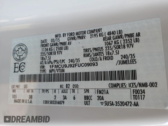 2015 Ford Escape Titanium with VIN 1FMCU9J92FUC09093, listed as a Copart auction lot 59089915 with 62,382 mi miles and Non repairable. Bid and sale history available at DreamBid. Image 12.