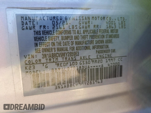 2021 Nissan Sentra SV with VIN 3N1AB8CV9MY285963, listed as a Copart auction lot 48738475 with 65,113 mi miles and Salvage Title. Bid and sale history available at DreamBid. Image 13.