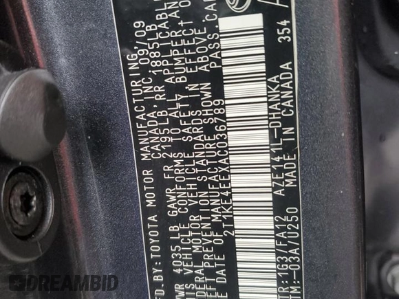2010 Toyota Matrix S with VIN 2T1KE4EEXAC036789, listed as a Copart auction lot 45365395 with 89,610 mi miles and Salvage Title. Bid and sale history available at DreamBid. Image 13.