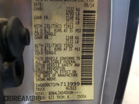 2015 Nissan Frontier SV with VIN 1N6BD0CT1FN713999, listed as a Copart auction lot 62053944 with 104,667 mi miles and Salvage title. Bid and sale history available at DreamBid. Image 13.