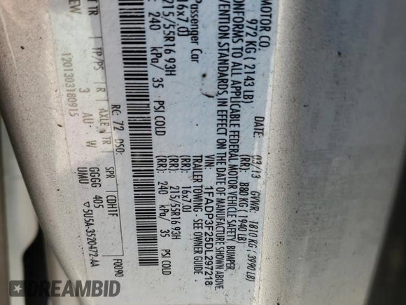 2013 Ford Focus SE с VIN 1FADP3F25DL297218, выставлен на аукционе Copart как лот 61731535 с пробегом 189 960 миль миль и Списание • Salvage title. История ставок и продаж доступна на DreamBid. Изображение 12.