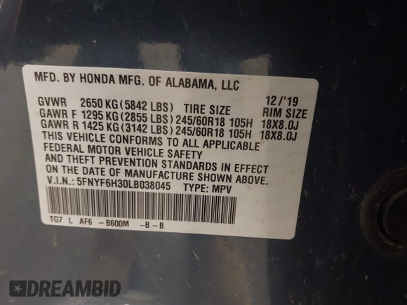 2020 Honda Pilot EX z VIN 5FNYF6H30LB038045, wystawiony jako IAAI lot #42203482 z przebiegiem Nie podano mil oraz . Historia ofert i sprzedaży dostępna na DreamBid. Obrazek 9.