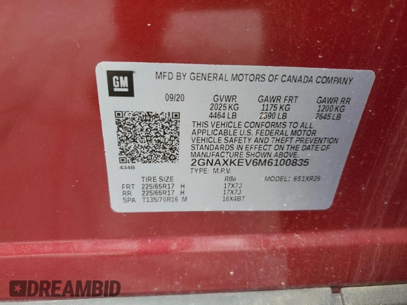 2021 Chevrolet Equinox LT with VIN 2GNAXKEV6M6100835, listed as a Copart auction lot 59391525 with 101,935 mi miles and Salvage title. Bid and sale history available at DreamBid. Image 14.
