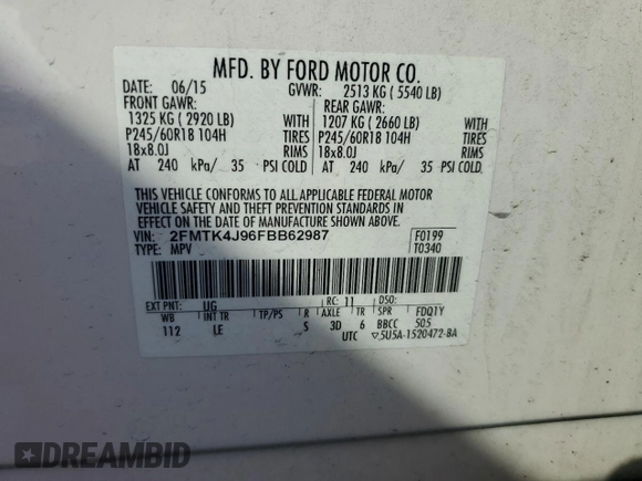 2015 Ford Edge SEL with VIN 2FMTK4J96FBB62987, listed as a Copart auction lot 49096575 with 104,536 mi miles and Salvage Title. Bid and sale history available at carsss.com. Image 13.