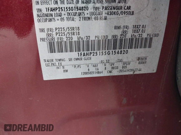 2005 Ford Five Hundred Limited с VIN 1FAHP25155G154820, выставлен на аукционе IAAI как лот 42453487 с пробегом 351 367 миль миль и . История ставок и продаж доступна на DreamBid. Изображение 9.