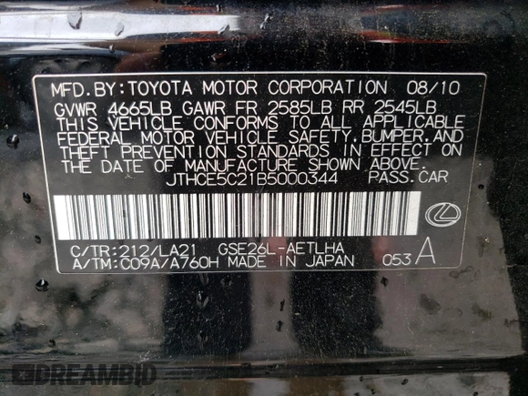 2011 Lexus IS 350 with VIN JTHCE5C21B5000344, listed as a Copart auction lot 55415854 with 138,750 mi miles and Salvage title. Bid and sale history available at DreamBid. Image 13.