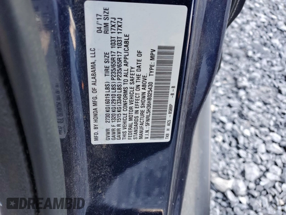 2017 Honda Odyssey SE with VIN 5FNRL5H36HB025430, listed as a Copart auction lot 87641025 with 123,258 mi miles and Salvage Title. Bid and sale history available at carsss.com. Image 15.