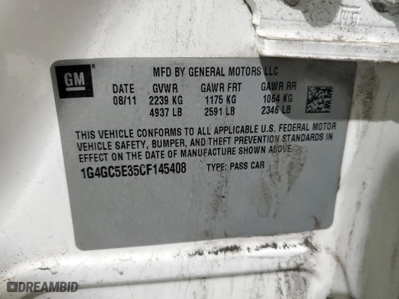 2012 Buick LaCrosse Leather with VIN 1G4GC5E35CF145408, listed as a Copart auction lot 51319485 with 117,075 mi miles and Salvage Title. Bid and sale history available at carsss.com. Image 13.