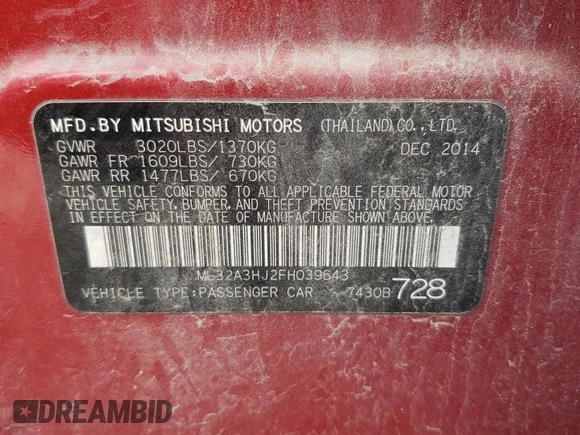 2015 Mitsubishi Mirage DE z VIN ML32A3HJ2FH039643, wystawiony jako Copart lot #58527745 z przebiegiem 109 518 mil mil oraz Szkoda całkowita • Salvage title. Historia ofert i sprzedaży dostępna na DreamBid. Obrazek 13.