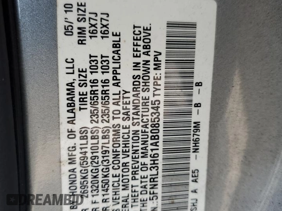 2010 Honda Odyssey EX-L с VIN 5FNRL3H61AB085345, выставлен на аукционе Copart как лот 58301415 с пробегом 151 428 миль миль и Списание • Salvage title. История ставок и продаж доступна на DreamBid. Изображение 13.