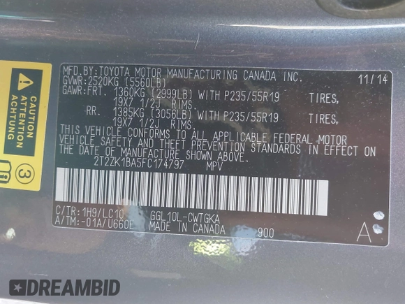 2015 Lexus RX 350 with VIN 2T2ZK1BA5FC174797, listed as a IAAI auction lot 41759349 with 80,078 mi miles and . Bid and sale history available at DreamBid. Image 9.