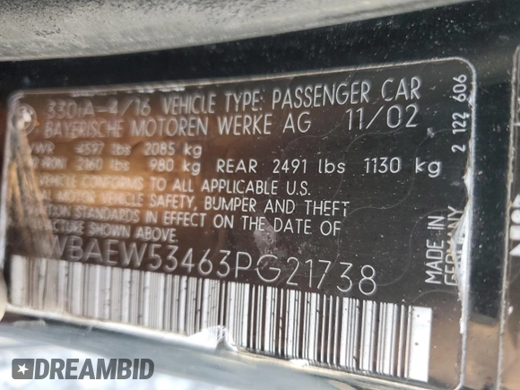 2003 BMW 3 Series 330xi with VIN WBAEW53463PG21738, listed as a Copart auction lot 72033514 with 0 mi miles and Clean Title. Bid and sale history available at carsss.com. Image 12.