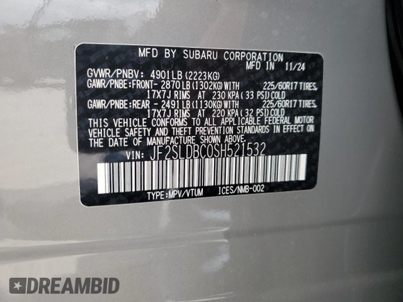 2025 Subaru Forester Premium z VIN JF2SLDBC0SH521532, wystawiony jako Copart lot #55326615 z przebiegiem 2 133 mil mil oraz Szkoda całkowita • Salvage title. Historia ofert i sprzedaży dostępna na DreamBid. Obrazek 13.