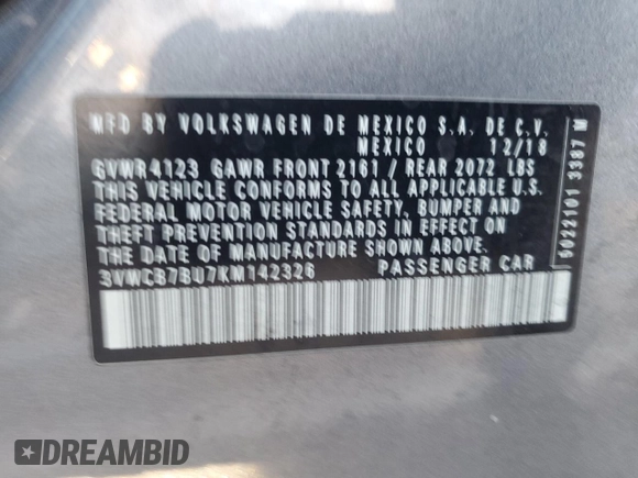 2019 Volkswagen Jetta S z VIN 3VWCB7BU7KM142326, wystawiony jako Copart lot #41629695 z przebiegiem 69 237 mil mil oraz Szkoda całkowita • Salvage title. Historia ofert i sprzedaży dostępna na DreamBid. Obrazek 12.