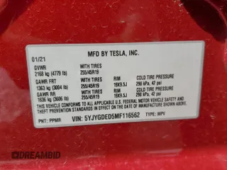 2021 Tesla Model Y Standard Range with VIN 5YJYGDED5MF116562, listed as a Copart auction lot 51211535 with 68,549 mi miles and Salvage Title. Bid and sale history available at DreamBid. Image 13.