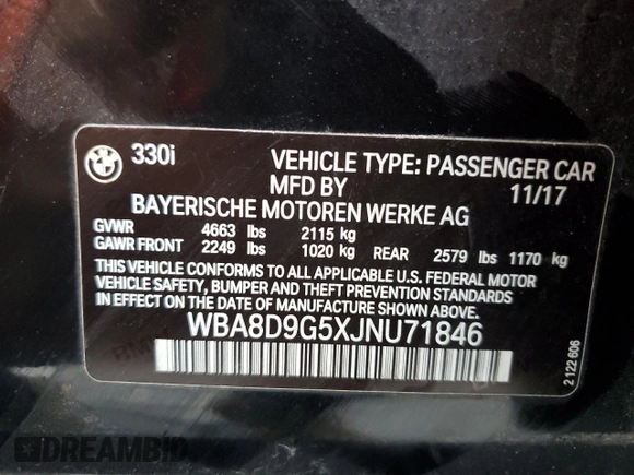 2018 BMW 3 Series 330i xDrive with VIN WBA8D9G5XJNU71846, listed as a Copart auction lot 57534515 with 123,705 mi miles and Clean title. Bid and sale history available at DreamBid. Image 12.