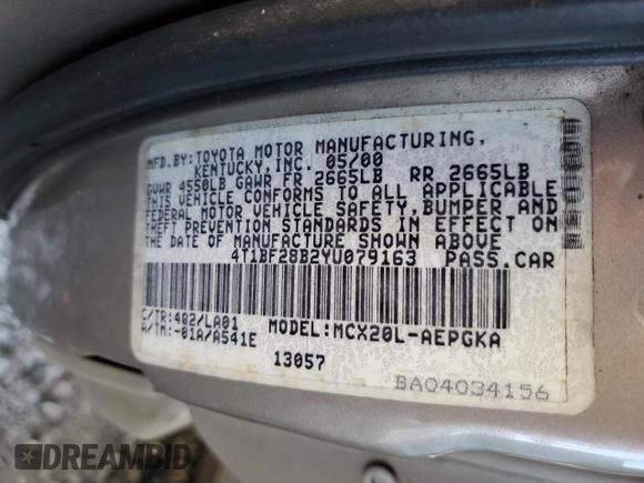2000 Toyota Avalon XL z VIN 4T1BF28B2YU079163, wystawiony jako Copart lot #50129935 z przebiegiem 311 916 mil mil oraz Nie do naprawy • Non repairable. Historia ofert i sprzedaży dostępna na DreamBid. Obrazek 12.