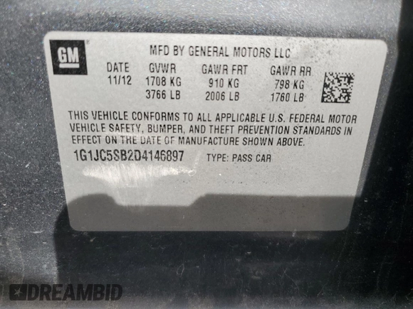 2013 Chevrolet Sonic LT with VIN 1G1JC5SB2D4146897, listed as a Copart auction lot 49854355 with Not Provided miles and Clean Title. Bid and sale history available at DreamBid. Image 12.
