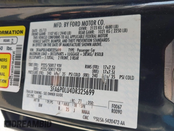 2013 Ford Fusion SE Hybrid with VIN 3FA6P0LU4DR325699, listed as a IAAI auction lot 41677237 with 129,004 mi miles. Bid and sale history available at carsss.com. Image 9.