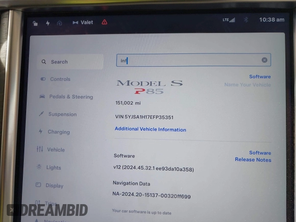 2014 Tesla Model S 60 with VIN 5YJSA1H17EFP35351, listed as a IAAI auction lot 41558434 with 151,002 mi miles and . Bid and sale history available at DreamBid. Image 7.
