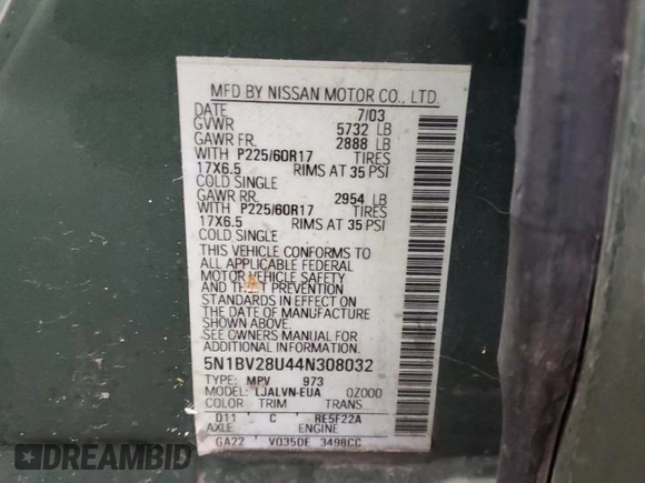 2004 Nissan Quest SE with VIN 5N1BV28U44N308032, listed as a Copart auction lot 73157214 with 0 mi miles and Clean Title. Bid and sale history available at carsss.com. Image 13.