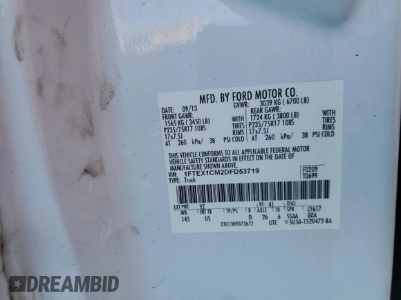 2013 Ford F-150 XL with VIN 1FTEX1CM2DFD53719, listed as a Copart auction lot 42624595 with 197,015 mi miles and Salvage title. Bid and sale history available at DreamBid. Image 12.