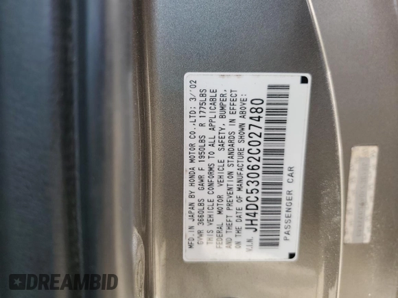 2002 Acura RSX Type S with VIN JH4DC53062C027480, listed as a Copart auction lot 54434945 with 155,555 mi miles and Salvage Title. Bid and sale history available at DreamBid. Image 12.