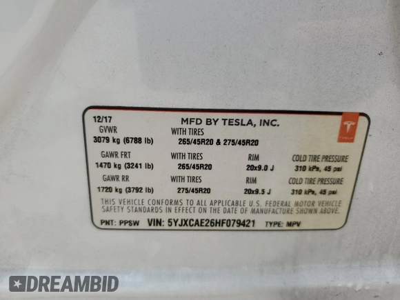2017 Tesla Model X 90D with VIN 5YJXCAE26HF079421, listed as a Copart auction lot 47889005 with 88,281 mi miles and Salvage Title. Bid and sale history available at DreamBid. Image 14.