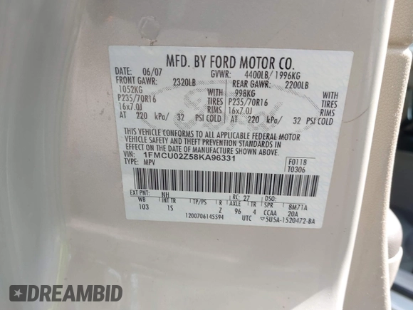 2008 Ford Escape XLS с VIN 1FMCU02Z58KA96331, выставлен на аукционе IAAI как лот 42703539 с пробегом 251 237 миль миль и . История ставок и продаж доступна на DreamBid. Изображение 9.