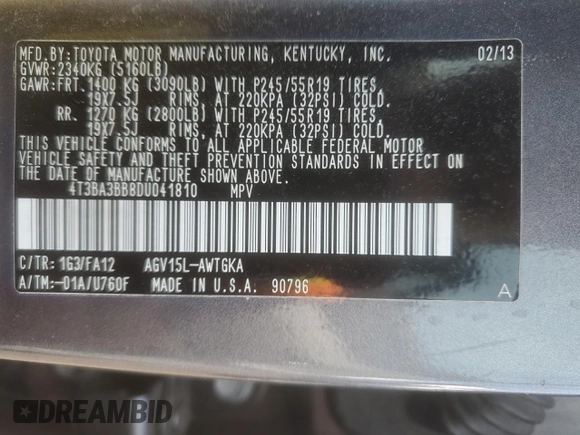 2013 Toyota Venza LE z VIN 4T3BA3BB8DU041810, wystawiony jako Copart lot #60550585 z przebiegiem 170 076 mil mil oraz Szkoda całkowita • Salvage title. Historia ofert i sprzedaży dostępna na DreamBid. Obrazek 13.