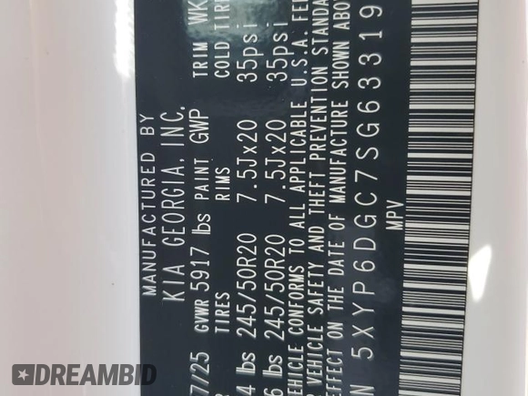 2025 Kia Telluride S with VIN 5XYP6DGC7SG633192, listed as a Copart auction lot 58782175 with 2,134 mi miles and Salvage title. Bid and sale history available at DreamBid. Image 14.