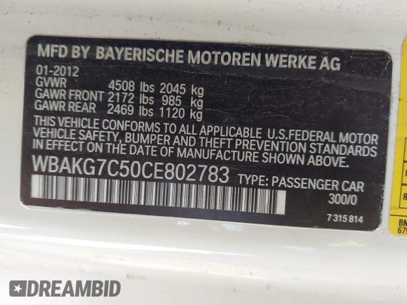 2012 BMW 3 Series 335i z VIN WBAKG7C50CE802783, wystawiony jako IAAI lot #42147783 z przebiegiem 76 083 mil mil oraz . Historia ofert i sprzedaży dostępna na DreamBid. Obrazek 9.