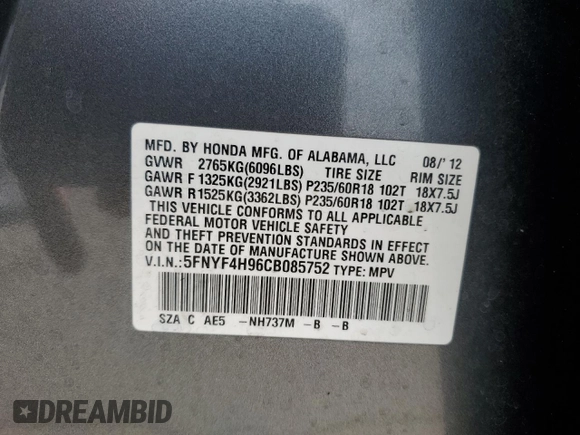 2012 Honda Pilot Touring with VIN 5FNYF4H96CB085752, listed as a Copart auction lot 51292515 with 190,383 mi miles and Salvage Title. Bid and sale history available at DreamBid. Image 13.