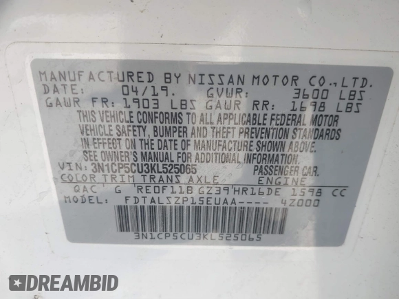 2019 Nissan Kicks S with VIN 3N1CP5CU3KL525065, listed as a IAAI auction lot 41232000 with 46,778 mi miles and . Bid and sale history available at carsss.com. Image 9.