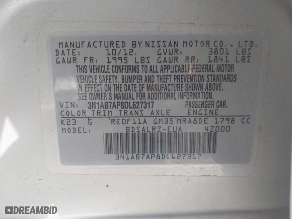 2013 Nissan Sentra SV with VIN 3N1AB7AP8DL627317, listed as a IAAI auction lot 41700787 with 116,244 mi miles. Bid and sale history available at carsss.com. Image 9.
