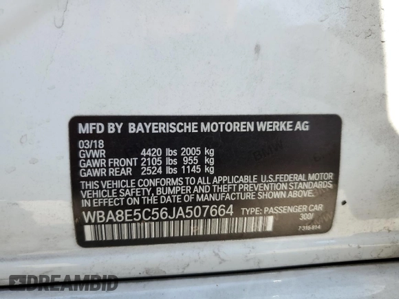 2018 BMW 3 Series 328d with VIN WBA8E5C56JA507664, listed as a Copart auction lot 60083895 with 94,331 mi miles and Salvage title. Bid and sale history available at DreamBid. Image 12.