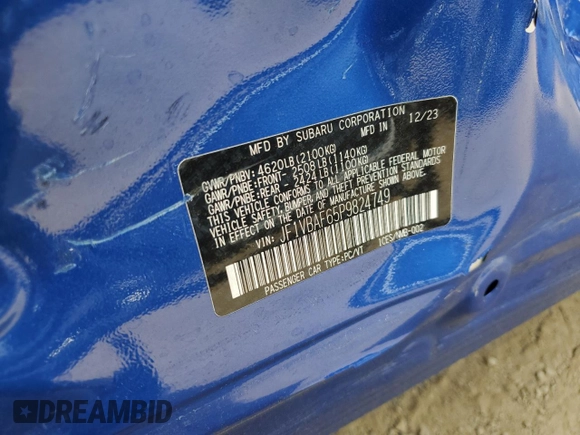 2023 Subaru WRX Premium with VIN JF1VBAF65P9824749, listed as a Copart auction lot 52210825 with 4,965 mi miles and Salvage title. Bid and sale history available at DreamBid. Image 12.