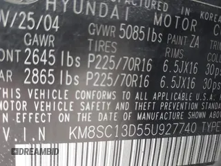 2005 Hyundai Santa Fe GLS with VIN KM8SC13D55U927740, listed as a IAAI auction lot 41716268 with 67,998 mi miles. Bid and sale history available at carsss.com. Image 9.