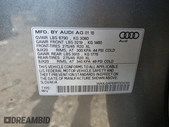 2015 Audi Q7 Premium Plus z VIN WA1LGAFE8FD014144, wystawiony jako Copart lot #56040275 z przebiegiem 100 214 mil mil oraz Szkoda całkowita • Salvage title. Historia ofert i sprzedaży dostępna na DreamBid. Obrazek 13.