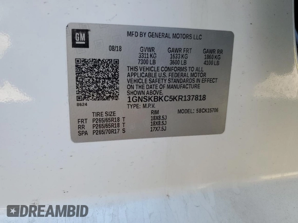 2019 Chevrolet Tahoe LT with VIN 1GNSKBKC5KR137818, listed as a Copart auction lot 50654885 with 138,334 mi miles and Salvage title. Bid and sale history available at DreamBid. Image 16.