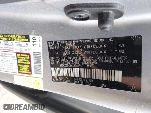 2017 Toyota Sienna LE Auto Access Seat with VIN 5TDKZ3DC4HS898051, listed as a IAAI auction lot 41530873 with 117,576 mi miles. Bid and sale history available at carsss.com. Image 9.