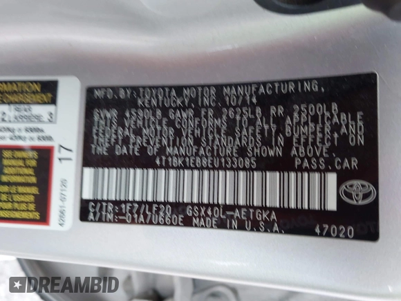 2014 Toyota Avalon Limited with VIN 4T1BK1EB8EU133085, listed as a IAAI auction lot 40949898 with 126,697 mi miles. Bid and sale history available at carsss.com. Image 9.